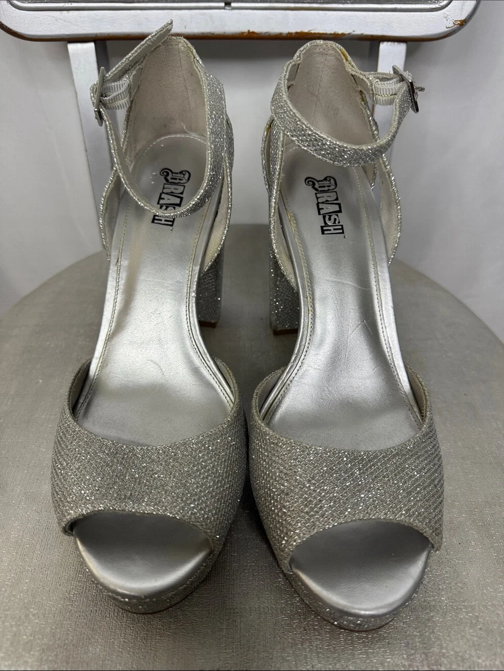 BRASH Silver Glitter Peep-Toe Block Heels with Ankle Strap NWOT Size 91/2